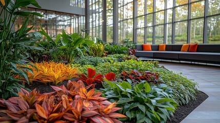 Fototapeta premium Lush indoor garden with diverse plants, creating a tranquil office space