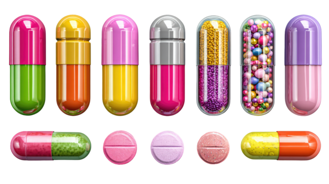 Colorful capsules and pills in various vibrant hues.  Different shapes and fillings are visible.  Capsules range from simple to ornate
