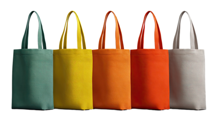 Five colorful tote bags, lined up against a black background.  Each bag features fabric handles and a simple rectangular shape.  The bags are in a spectrum of colors ranging from teal to orange