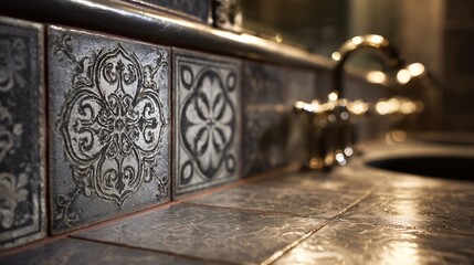 A artisan bathroom tilework, hand-painted patterns, moody gray grout, close-up with misted mirror reflections, warm natural lighting, copy space