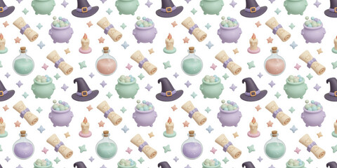 Pastel Witchcraft Seamless Pattern:  Charming Halloween Design