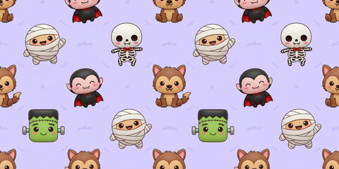 Adorable Halloween Cartoon Characters Seamless Pattern