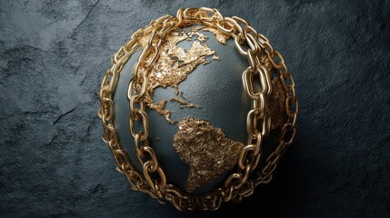 Golden chain wrapped around a stylized globe with North and South America continents. Concept of global dependence, debt or restriction.