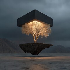 Surreal tree growing upside down from floating black cube