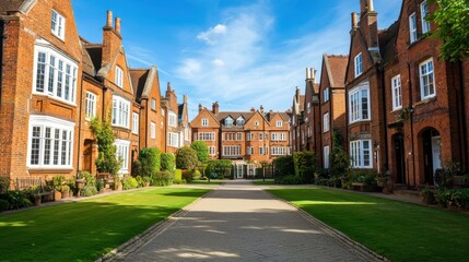 English university residence with red brick architecture and green lawn. Traditional courtyard and pathway on a sunny day. Educational building concept.