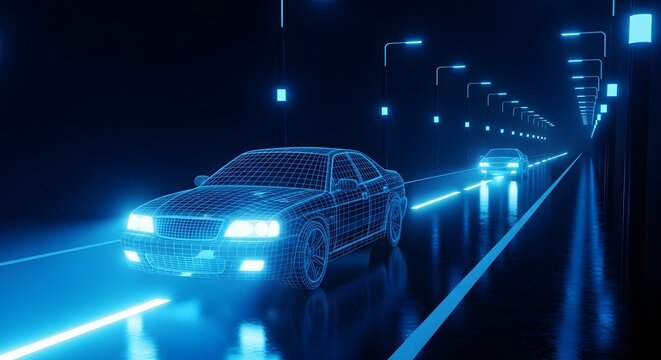 A futuristic wireframe car driving on a neon illuminated road in a dark tunnel setting scene