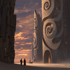 Towering cliffs shaped in Art Nouveau spirals, glowing horizon