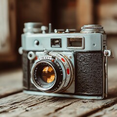 Vintage camera on wooden desk, warm film grain, soft shadows
