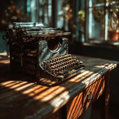 Vintage typewriter on wooden desk, sunlight through blinds