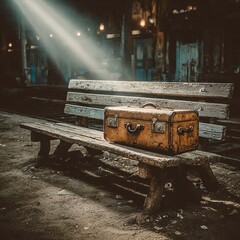 Vintage suitcase on train station bench, sepia cinematic light