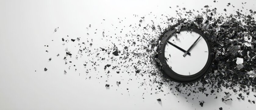 The clock shattering into fragments as time explodes in a surreal abstract motion - Powered by Adobe