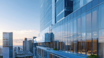 Modern skyscraper with infinity pool reflecting city skyline at sunset. Luxury urban architecture concept for travel and design background.