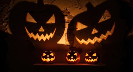 Spooky carved Halloween pumpkins cast eerie shadows on a textured wall, perfect for seasonal celebrations.