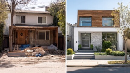 House before and after remodel. Side by side comparison of old residential building under renovation and modern home. Property improvement concept.