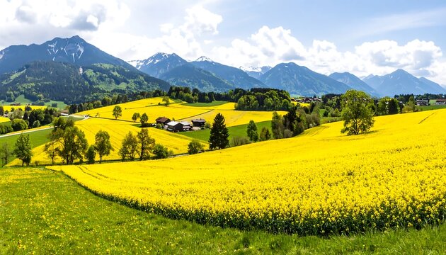 Panoramic view of a yellow rapeseed field with mountains in the background