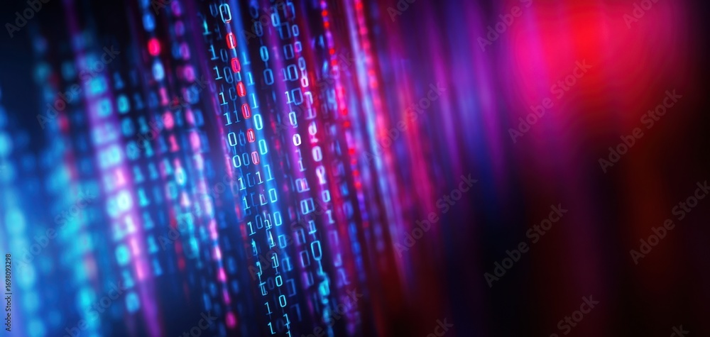 Poster the binary code data stream illuminated by neon blue and pink digital lights