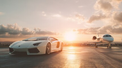 White luxury supercar and private jet on airport runway at sunset. Concept of wealth, exclusive travel, millionaire lifestyle at golden hour.