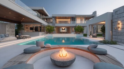 Luxury villa with a swimming pool and fire pit at twilight. Modern architectural design with outdoor living space for relaxation and entertainment.