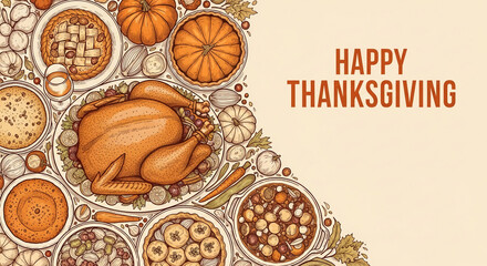Thanksgiving dinner illustration featuring roasted turkey, pies, vegetables, and wine, arranged around a central free space ideal for text or logo, symbolizing autumn harvest and festive celebration