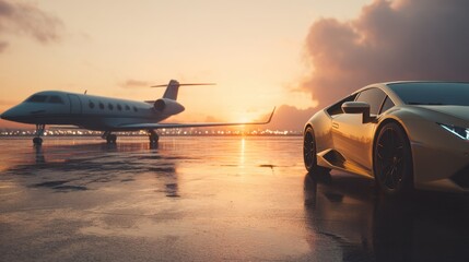 Golden supercar and private jet on airport runway at sunset. Luxury travel and high-end transport concept for exclusive lifestyle.