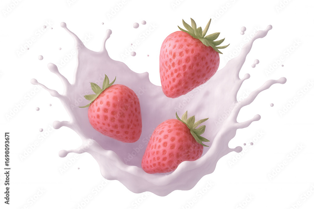Poster three fresh strawberries splashing into creamy milk or yogurt, creating a dynamic splash on a transp