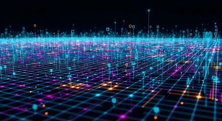 A vibrant network grid with glowing nodes and lines creating a futuristic landscape design effect