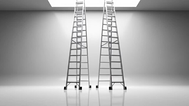 Two silver ladders reach a white ceiling portal in an otherwise grey room setup
