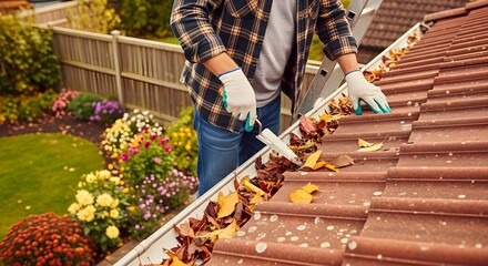 A Handyman Cleans Leafy Gutters of a House Home Maintenance and Improvement