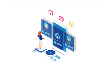Modern Isometric  Online survey concept with rating star bubble for application product services. Suitable for Diagrams, Infographics, Game Asset, And Other Graphic Related Assets