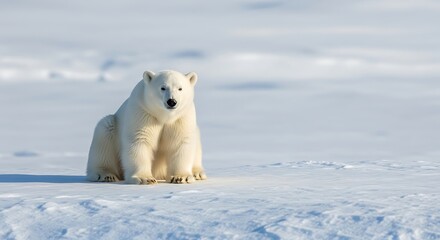 Naklejka premium A young polar bear sits on a snow-covered ice floe, looking towards the camera with its mouth slightly open.