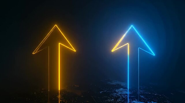 Two neon arrow signs point upward on a dark, reflective surface with blue/yellow gradient