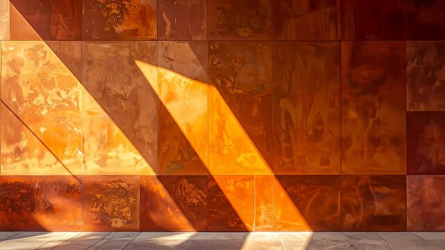 Warm light slices diagonally across a copper-toned square tiled wall and floor