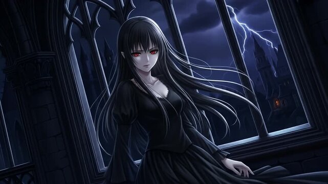 Anime girl with red eyes in black dress stands inside castle near window, stormy sky