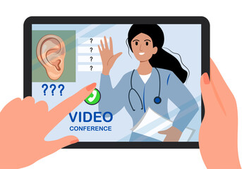 Hands Hold Tablet and pointing to the screen with doctor. Video call. Specialist communicates with patient of online. Technology concept. Vector illustration.
