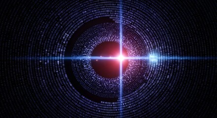 Circular binary code pattern with central red sphere and crossing blue light rays effect design