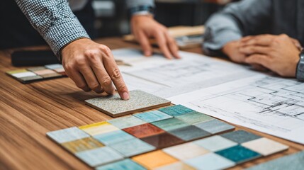 A tile design meeting or consultation, hands pointing at architectural drawings and ceramic samples, wood table, storytelling composition