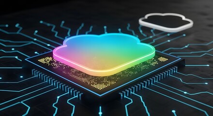 Close up of a colorful cloud icon on a chip with blue circuit lines on a dark background scene