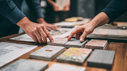 A tile design meeting or consultation, hands pointing at architectural drawings and ceramic samples, wood table, storytelling composition