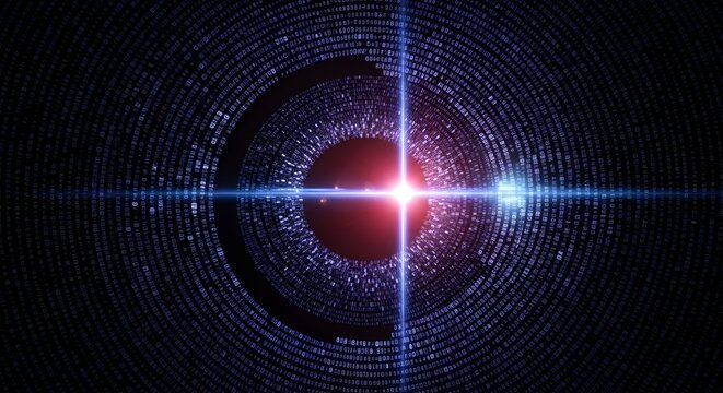 Circular binary code pattern with central red sphere and crossing blue light rays effect design
