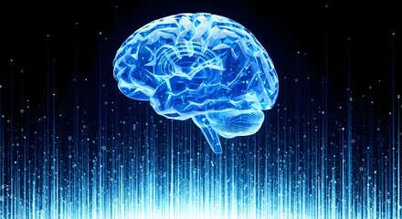 Digital brain with blue geometric design and blue light streams against a black background