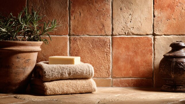 A warm terracotta wall tiles paired with cream-colored grout, Mediterranean bathroom vibe, rustic light, lifestyle styling