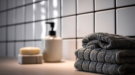 A white square tiles with black grout in progress, modern classic style, soft styling with towels and soap, elevated editorial