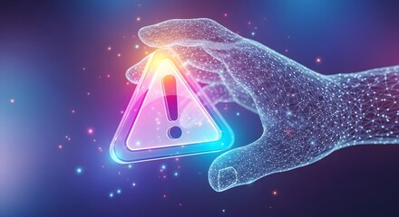 Digital hand holding a glowing warning sign with exclamation point in a colorful space scene