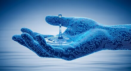 Digital hands holding water droplet with circuit pattern on blue gradient background art