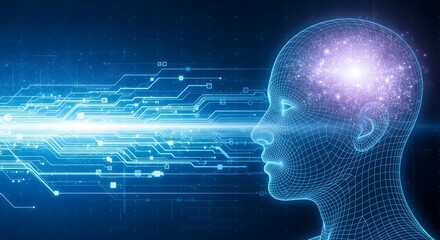 Digital head with galaxy brain and blue circuit lines representing artificial intelligence concept