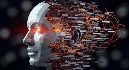 Digital human head with glowing red eyes and fragmented design on a dark blurred background