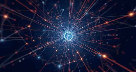 Blockchain, abstract digital illustration of a network, featuring interconnected nodes and glowing lines radiating outwards, Nano technology