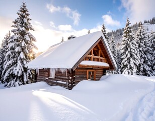 Snowy mountain cabin at sunrise