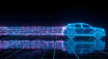 Futuristic car design in blue with light trails on a grid reflecting the car and lights