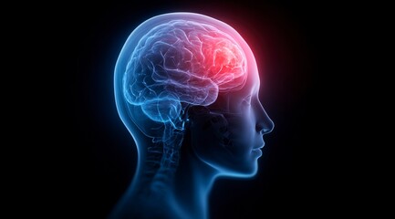 3D rendering of a human head with a brain, a red glowing pain icon on the left side, in a transparent style, isolated on a black background.